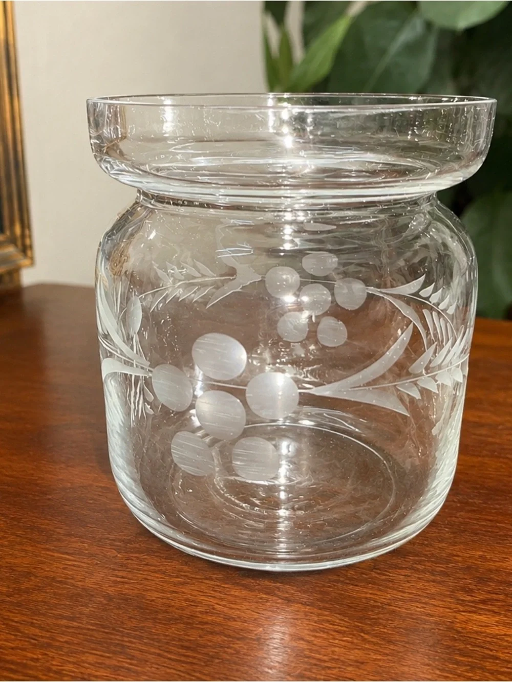 Vintage Etched Glass Jam Jelly Preserve Jar Spoon Rest Lid Floral No Spoon